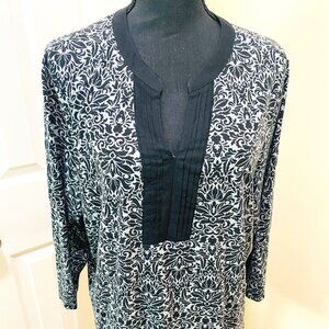 Womens 1X Croft & Barrow 3/4 Sleeve 100% cotton Black/White Floral Pullover Top